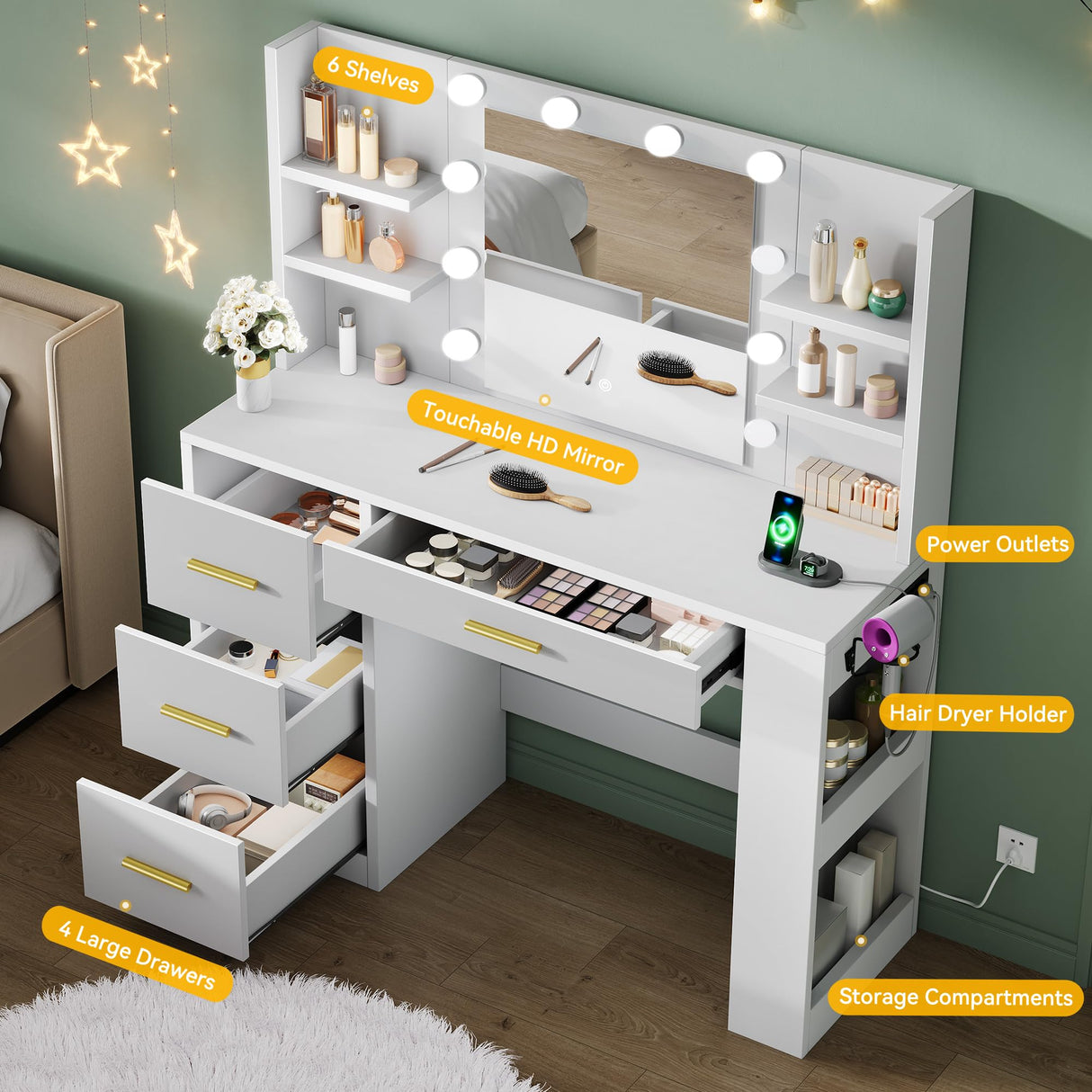 YITAHOME Vanity Desk with 22" Mirror, LED Lights and Power Outlet, Makeup Table with 4 Drawers, Adjustable 3 Lighting Colors, Vanity Table with Open Storage Shelves for Bedroom Dressing Room, White YITAHOME