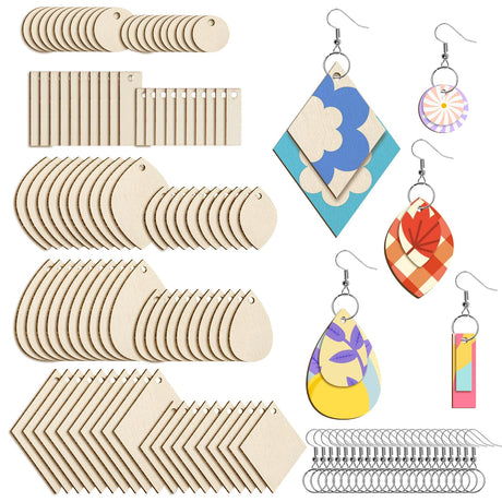 HAPY SHOP 300 Pieces Unfinished Wooden Earrings Teardrop/Circle/Leaf/Diamond/Rectangle Shapes Wood Earring Blanks 100 Pieces Earring Hooks and 100 Pieces Jump Rings HAPY SHOP