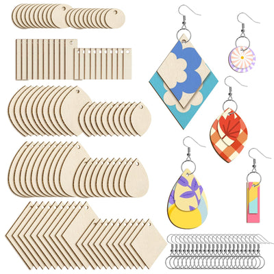 HAPY SHOP 300 Pieces Unfinished Wooden Earrings Teardrop/Circle/Leaf/Diamond/Rectangle Shapes Wood Earring Blanks 100 Pieces Earring Hooks and 100 Pieces Jump Rings