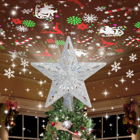Kesfitt Christmas Tree Topper Lighted with 6 Projection Modes,Christmas Star Tree Topper Built-in LED Rotating Lights,Silver 3D Glitter Dynamic Projection for Xmas Party Holiday Decorations Kesfitt