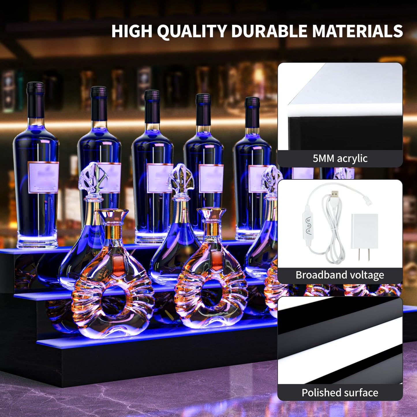 YITAHOME LED Lighted Liquor Bottle Display Shelf, 3-Step 40-inch Bar Liquor Alcohol Shelf for Home Counter Party, Acrylic Mounted Whiskey Rack Stand with Remote & App Control