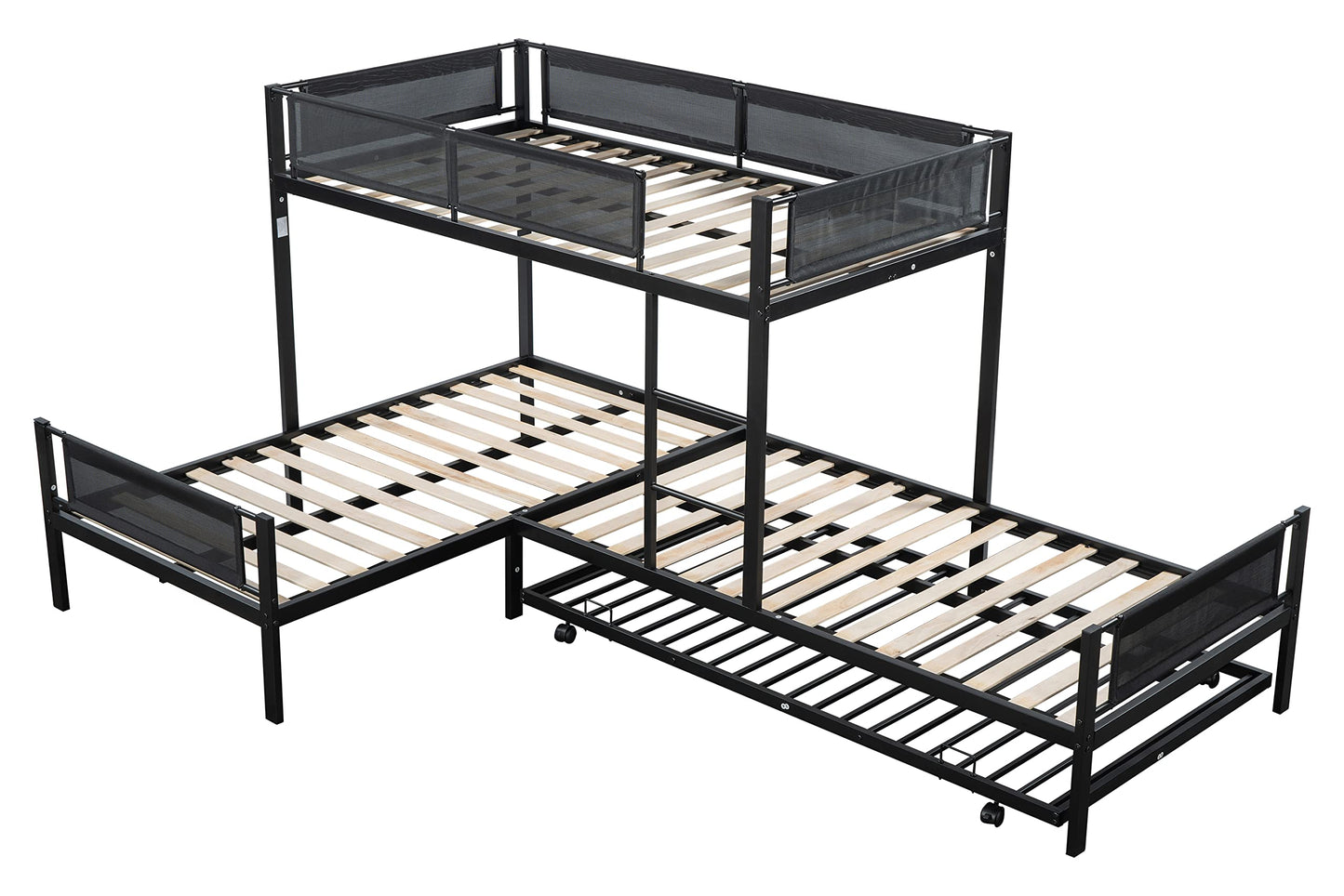 PVWIIK L-Shape Metal Triple Bunk Bed with Trundle for 4 Kids Adults,Sturdy Metal Frame w/Safety Textilene Guardrals for Kids Teens Adults,Noise Free No Box Spring Needed,Black