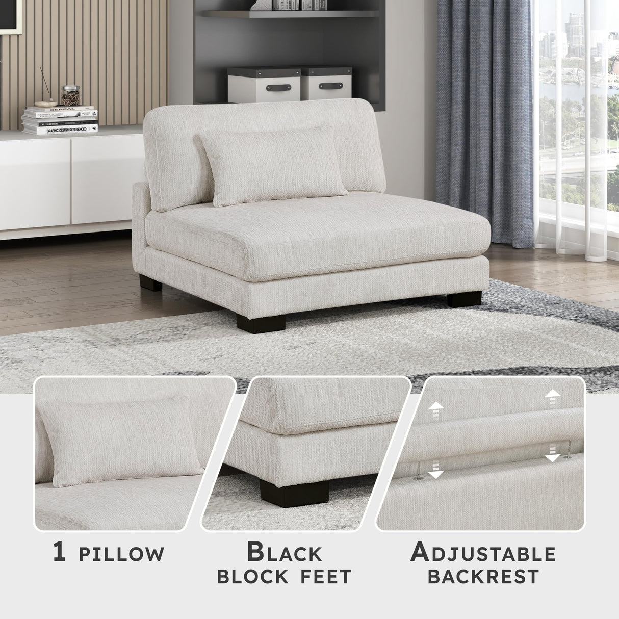Lexicon Modular Sectional Sofa for Living Room, Textured Microfiber Armless Chair with Pillow, Units of Modular Sectional Couch, Upholstered Chair for Customizable Sectional Sofa Couch, Beige Lexicon