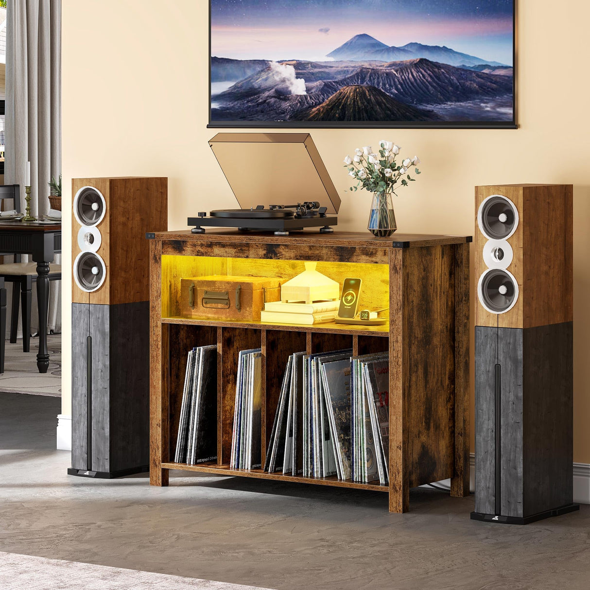 YITAHOME LED-Lit Record Player Turntable Stand + Storage Display Shelf with Built-In Power Outlets | Modern Entertainment Center Furniture for Living Room & Bedroom | Brown YITAHOME