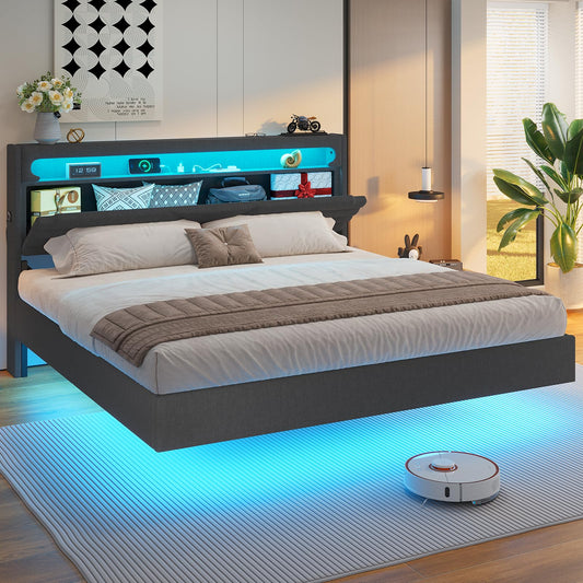 HAUOMS King Size Floating Bed Frame with RGB LED Lights, Type-C Charging Station & Hidden Storage Headboard in Dark Grey - WoodArtSupply