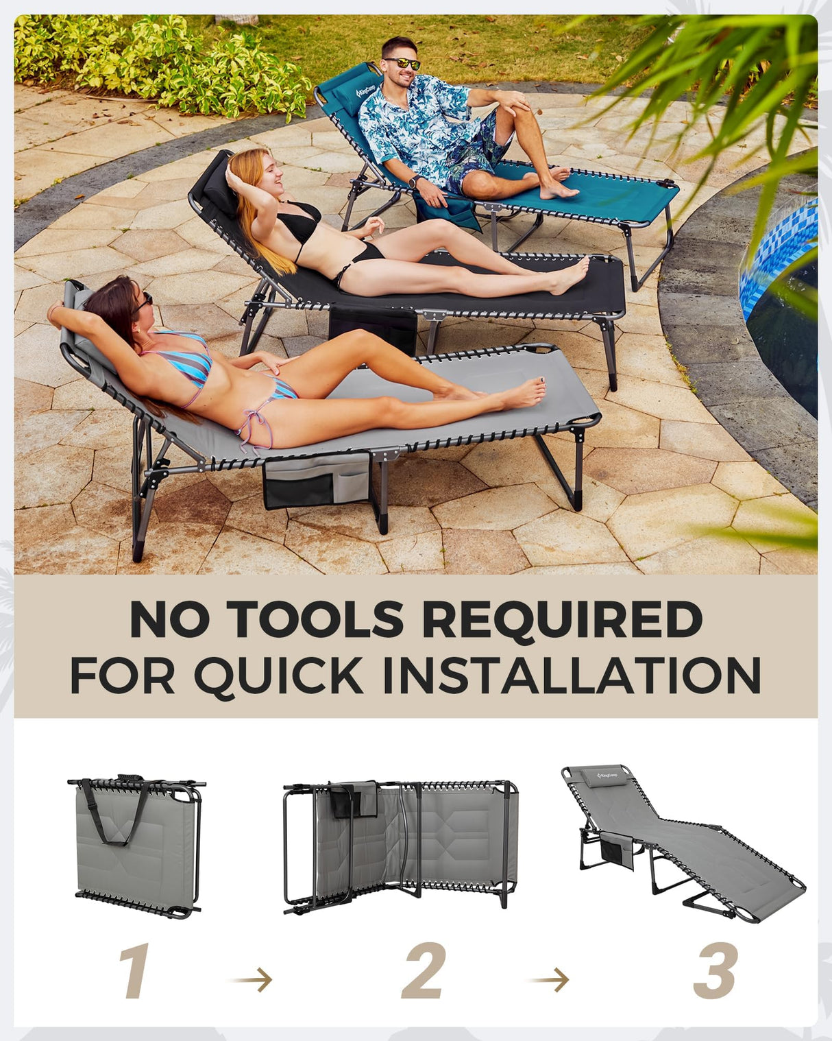 KingCamp Oversized Tanning Chair, Extra-Wide Padded Folding Chase Lounge Chairs Portable Adjustable 5-Position 400lbs Heavy Duty Lounger with Double-Layer Oxford for Outdoor Beach Patio Sun Pool KingCamp