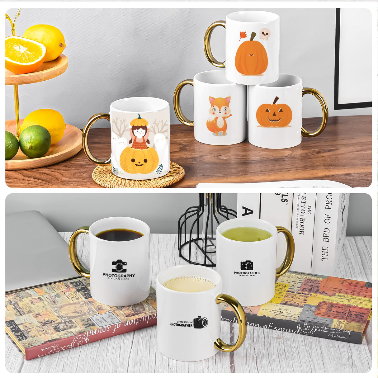 BYCNZB 12 oz Set of 6 White Mugs Sublimation Blank Mugs DIY Coated Ceramic Mugs for Coffee Tea, latte, Cappuccino Cocoa or DIY Gifts White/Gold BYCNZB