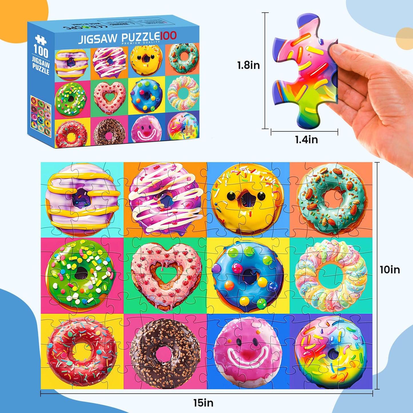 100 Pieces Puzzles for Kids Ages 4-8 | Delicious Donuts Jigsaw Puzzles | Large 100 Piece Puzzle for Toddler Children | Sturdy,Safe | Engaging & Educational Toys Great Gift for Boys Girls,15x10in