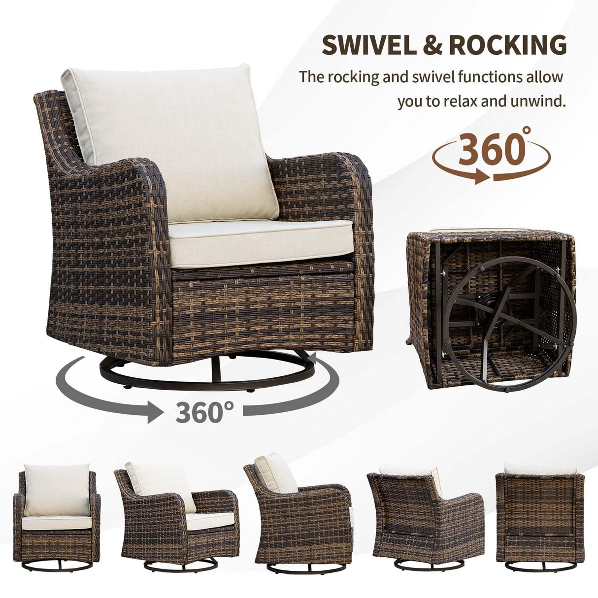 MEISSALIVVE 6 Pieces Outdoor Patio Furniture Set, Wicker Patio Conversation Set, Patio Sectional Furniture Set with 2 Swivel Rocker Patio Chair and Sofa, 2 Ottomans and Coffee Table (Brown) MEISSALIVVE