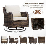 MEISSALIVVE 6 Pieces Outdoor Patio Furniture Set, Wicker Patio Conversation Set, Patio Sectional Furniture Set with 2 Swivel Rocker Patio Chair and Sofa, 2 Ottomans and Coffee Table (Brown) MEISSALIVVE