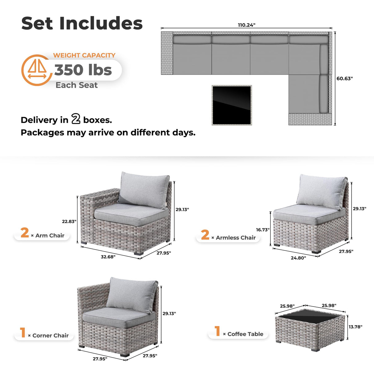 ovios 6 Pieces Patio Furniture Set, Outdoor Wicker Sectional Sofa with Coffee Table Comfy Cushions, Modern Modular Deep Seat Rattan Couch Conversation Set, Dark Grey ovios