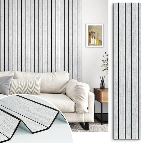 STICKEEP White/Grey 3D Wood Slat Panels for Walls Peel and Stick PVC Slat Wall Paneling Soundproof Self Adhesive Faux Wooden Slatted Panel for Wall Decor Interior Living Room Bedroom 120"x 12" STICKEEP