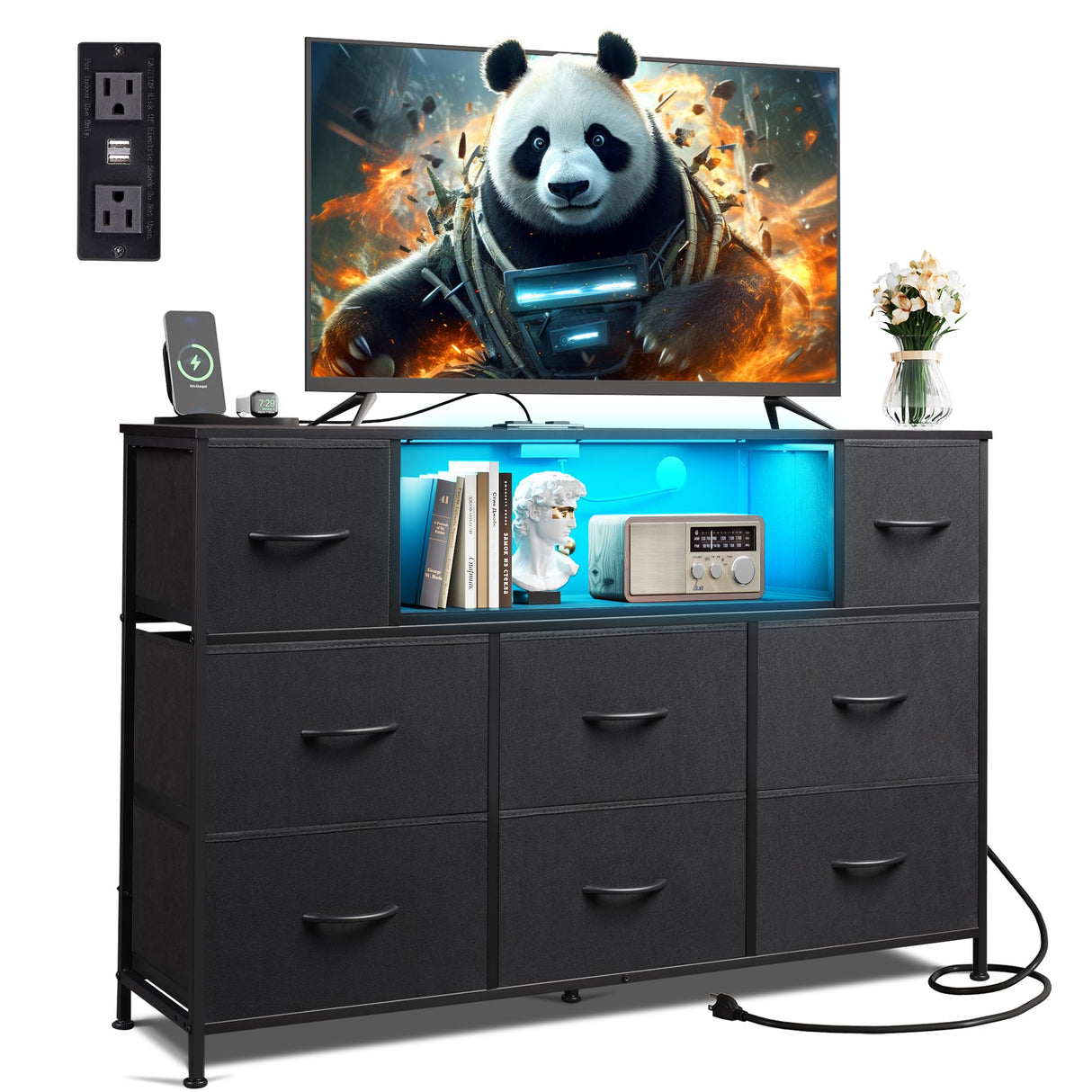 WLIVE Black Dresser for Bedroom, TV Stand for Bedroom for 55 inch TV with Charging Station and LED Lights, Fabric Chest of Drawers with Open Shelves, 8 Drawers Dressers for Living Room, Closet WLIVE