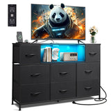 WLIVE Black Dresser for Bedroom, TV Stand for Bedroom for 55 inch TV with Charging Station and LED Lights, Fabric Chest of Drawers with Open Shelves, 8 Drawers Dressers for Living Room, Closet WLIVE