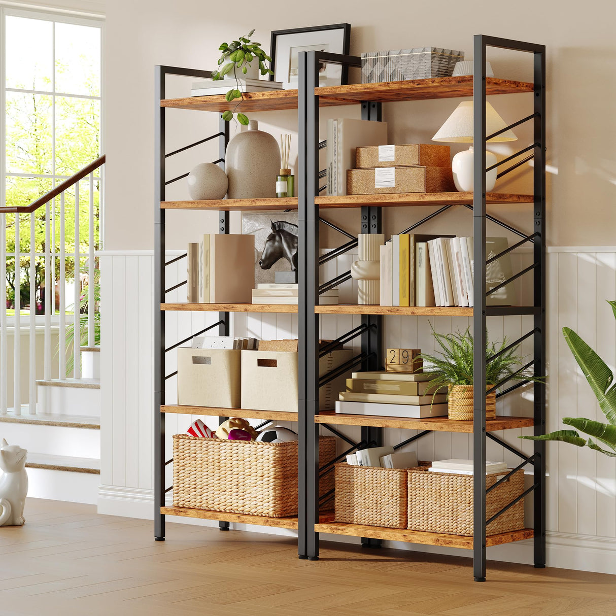 DurayLoly 5 Tier Bookshelf, Industrial Tall Bookcase, Modern Display Book Shelf with Metal Frame and Sidebars for Bedroom, Living Room and Home Office, Rustic Brown DurayLoly