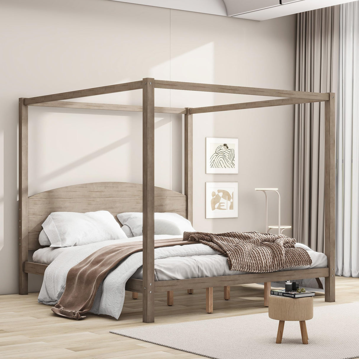 Harper & Bright Designs King Size Wooden Canopy Bed Frame with Headboard and Slat Support in Brown Wash Harper & Bright Designs