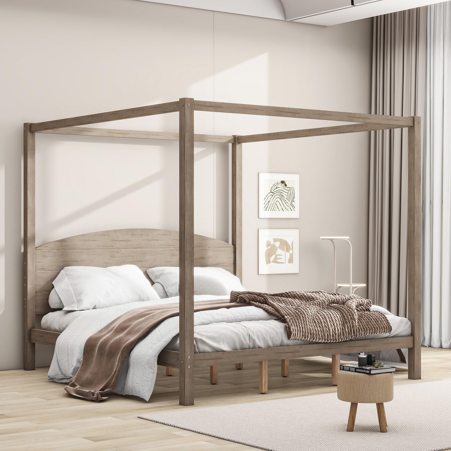 Harper & Bright Designs King Size Wooden Canopy Bed Frame with Headboard and Slat Support in Brown Wash - WoodArtSupply