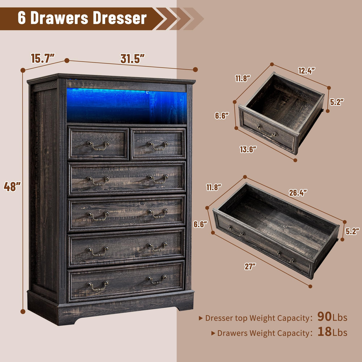 Homkdom Dresser for Bedroom with Charging Station & LED Light, 48'' H Tall Dresser & Chests of Drawers,Rustic Oak Homkdom