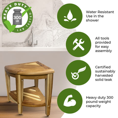 EcoDecors, Snazzy Corner, Teak Corner Shower Stool, Teak Corner Shower Bench, Teak Shower Stool for Inside Shower, Teak Bench Shower, Teak Corner Shelf, Teak Shower Table EcoDecors
