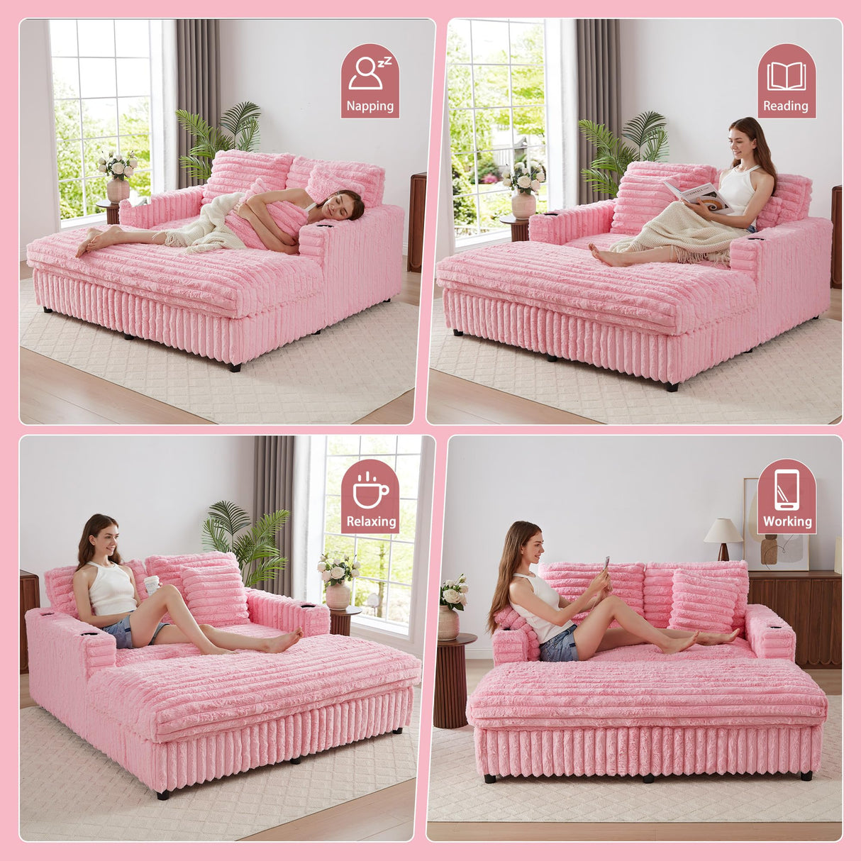 RARZOE 64'' Oversized Chaise Lounge Chair Indoor, Plush Faux Rabbit Fur Sleeper Sofa Bed with 4 Pillows, Charging Station & Cup Holders, Fluffy Comfy Cloud Couch Loveseat Sofa for Living Room,Pink RARZOE