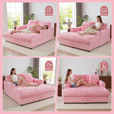 RARZOE 64'' Oversized Chaise Lounge Chair Indoor, Plush Faux Rabbit Fur Sleeper Sofa Bed with 4 Pillows, Charging Station & Cup Holders, Fluffy Comfy Cloud Couch Loveseat Sofa for Living Room,Pink RARZOE