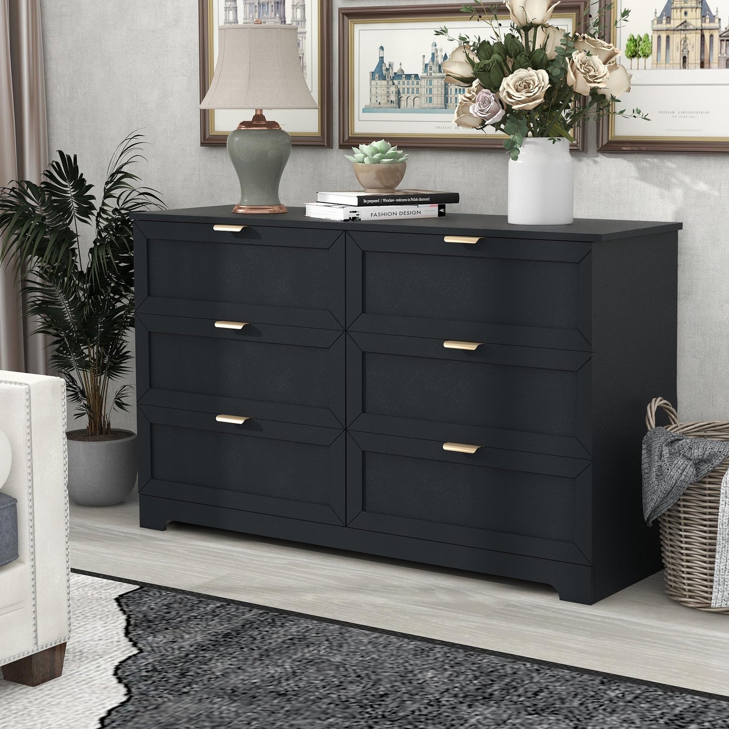 UYIHOME 6 Drawer Dresser for Bedroom, Modern Long Dresser Chest with Large Drawer, Wooden Chest of Dresser Storage Cabinet Organizer Unit for Living Room, Cloakroom, Entryway, Hallyway, Black