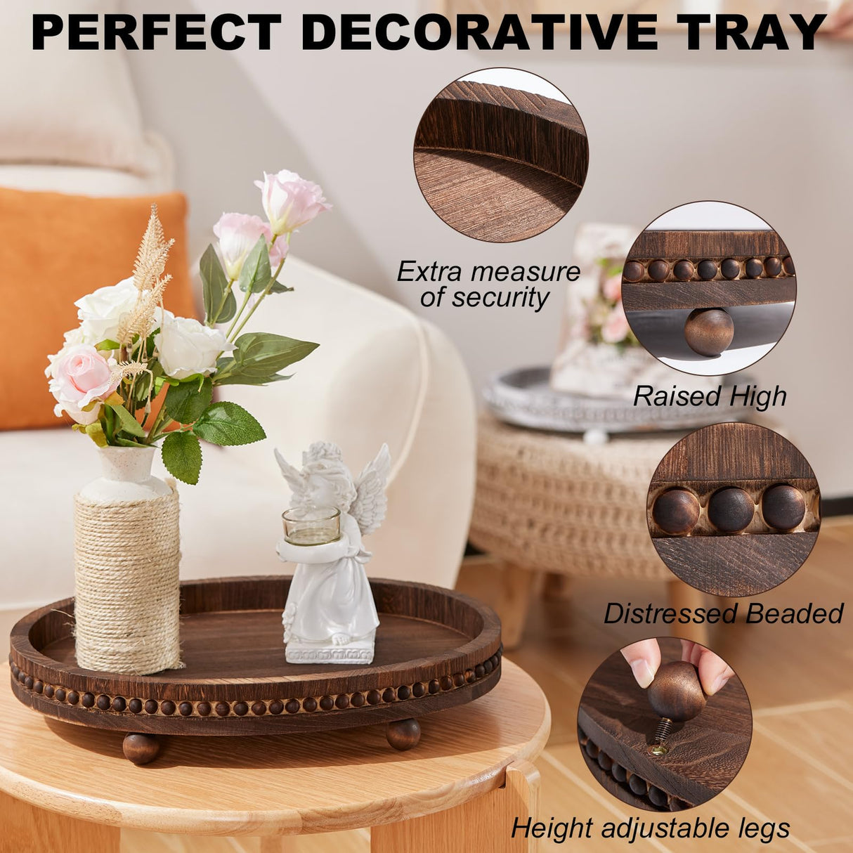 HouseJoy Wooden Decorative Tray-16×11.8" Oval Distressed Coffee Table Tray Decor ，Kitchen Dining Table Serving Tray Home Decor Thanksgiving Table Decor,Wood Beaded Farmhouse Tray for Bathroom Decor HouseJoy
