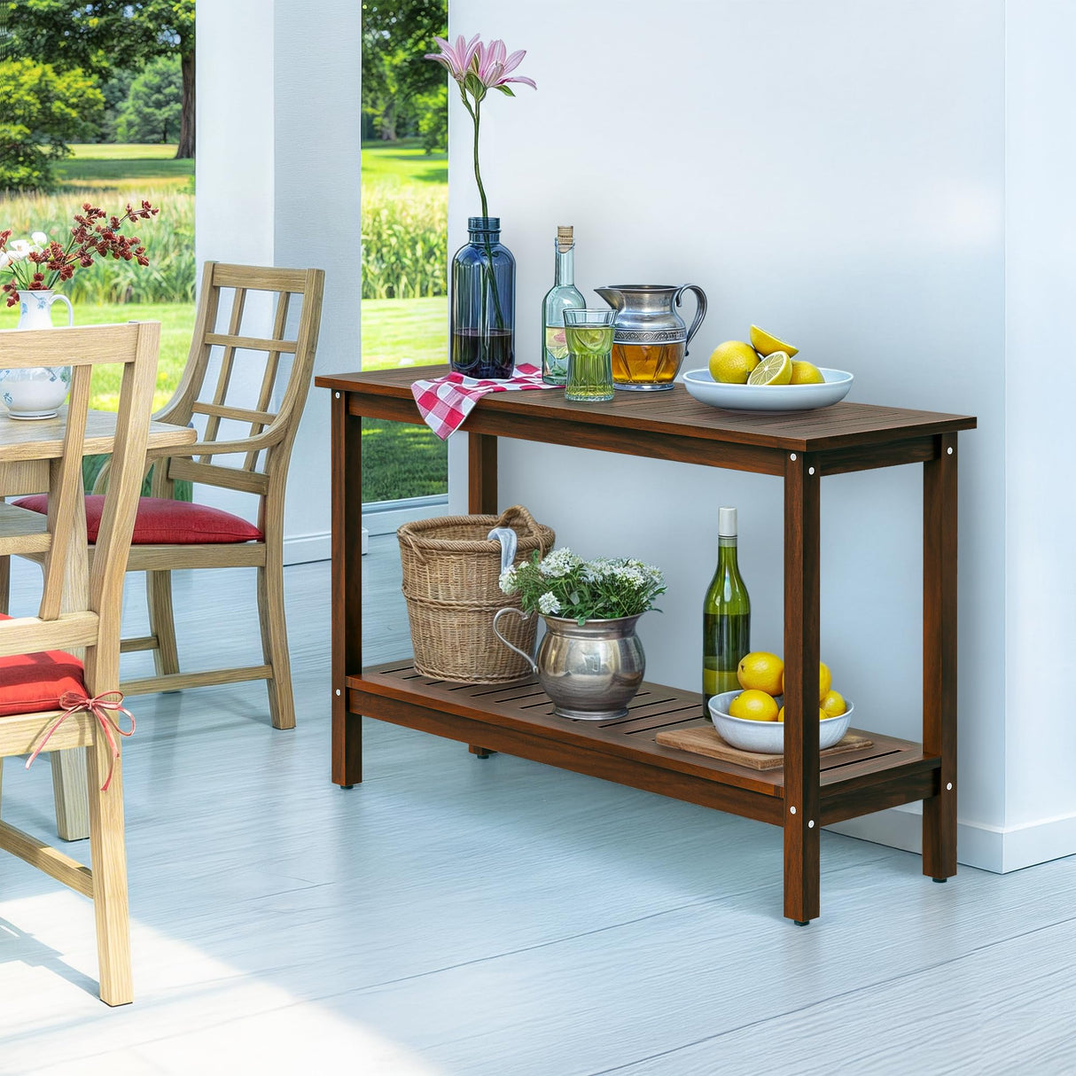 SUPER DEAL All-Weather Patio Bar Table Entry Console Table, 2-Shelf 48 inch Solid Wood Indoor Outdoor Multifunctional Buffet Storage Organizer with Adjustable Feet, Espresso SUPER DEAL