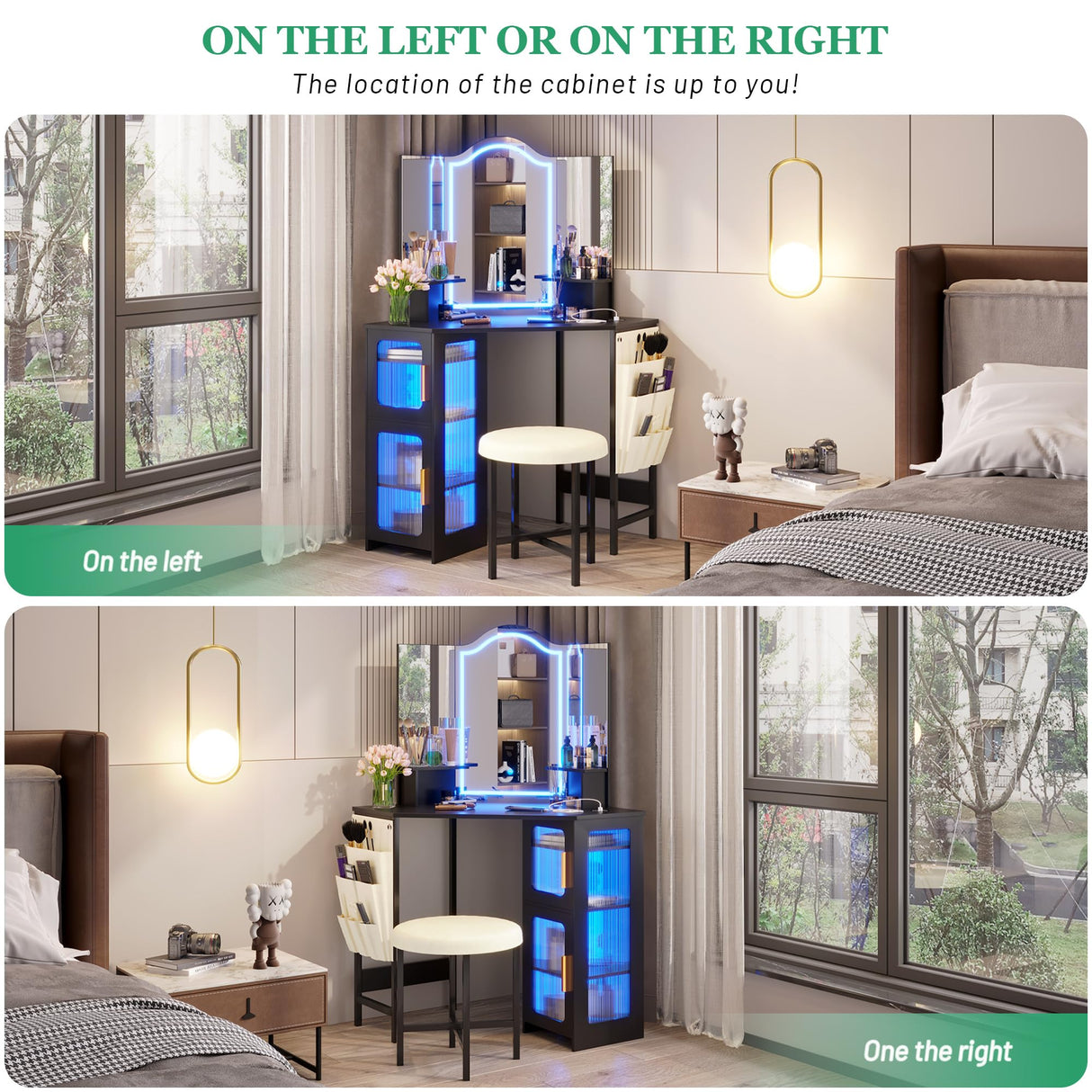 LVSOMT Corner Vanity Desk with Mirror and Lights, Makeup Vanity with Charging Station, Dressing Table with 3 Lighting Options, Vanity Set with Stool, Women’s Vanity for Bedroom, Black LVSOMT