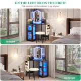 LVSOMT Corner Vanity Desk with Mirror and Lights, Makeup Vanity with Charging Station, Dressing Table with 3 Lighting Options, Vanity Set with Stool, Women’s Vanity for Bedroom, Black LVSOMT