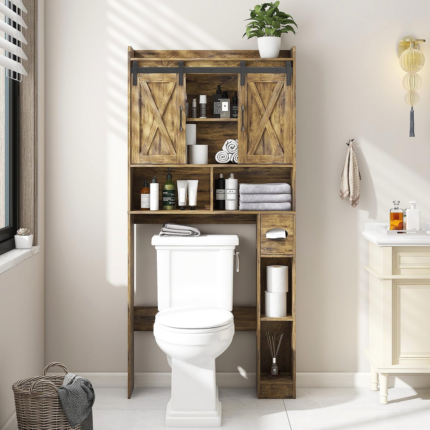 Over The Toilet Storage Cabinet, Farmhouse Storage Cabinet Over Toilet with Sliding Doors & Toilet Paper Holder Stand，Home Space-Saving Toilet Rack, for Bathroom, Restroom, Laundry