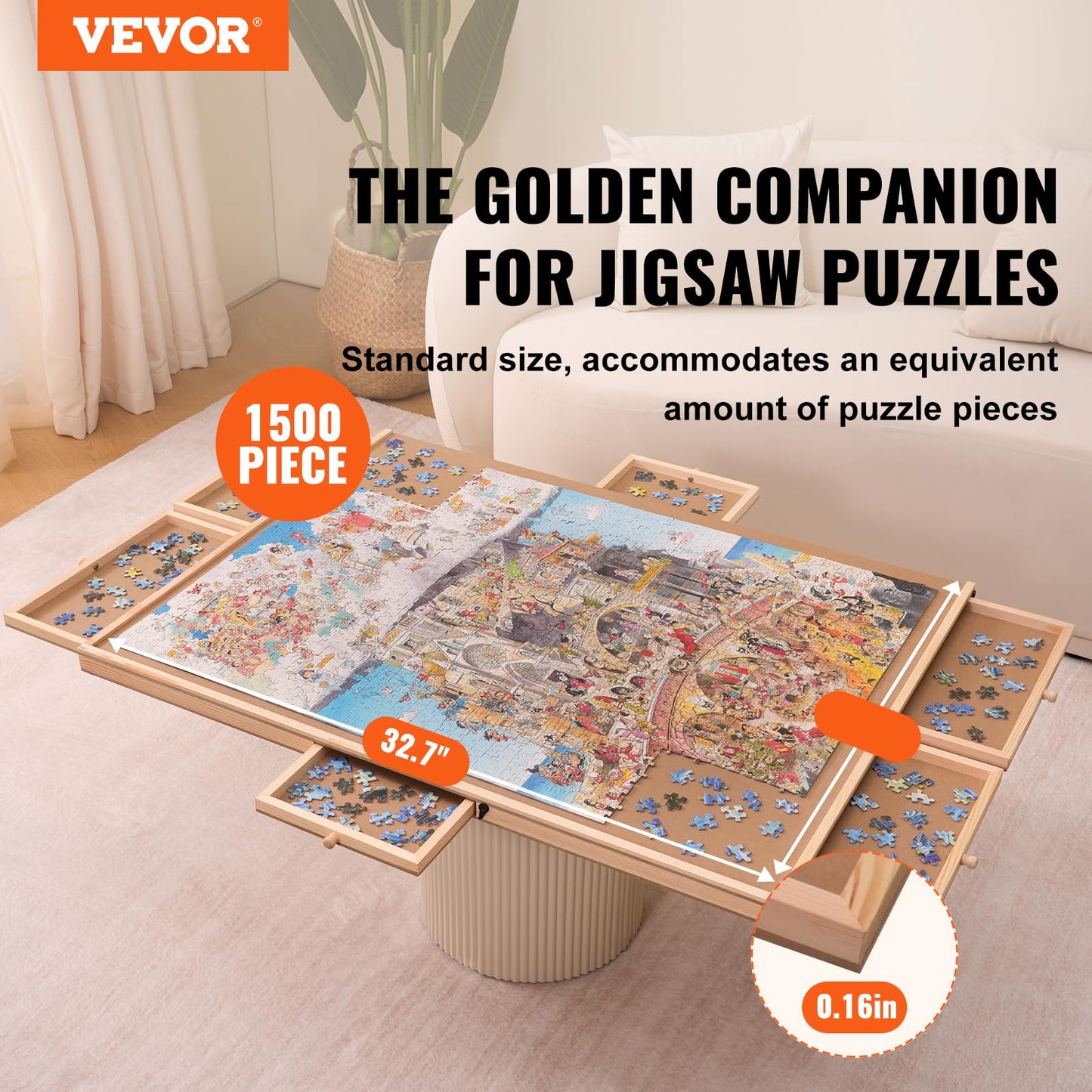 VEVOR 1500 Piece Puzzle Board with 6 Drawers and Cover, 32.7"x24.6" Rotating Wooden Jigsaw Puzzle Plateau, Portable Puzzle Accessories for Adult, Puzzle Organizer & Puzzle Storage System, Gift for Mom