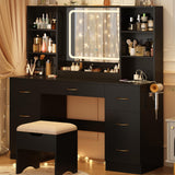 jiteentarou 47" Large Vanity Desk with Mirror and Lights, LED Black Vanity Set with Stool and Power Outlet, Lighted Make up Vanity Desk with Drawers and 3 Lighting Modes for Women, Girls(Black) jiteentarou