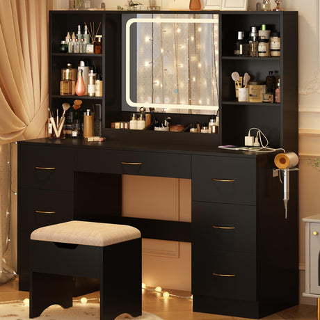 jiteentarou 47" Large Vanity Desk with Mirror and Lights, LED Black Vanity Set with Stool and Power Outlet, Lighted Make up Vanity Desk with Drawers and 3 Lighting Modes for Women, Girls(Black) jiteentarou