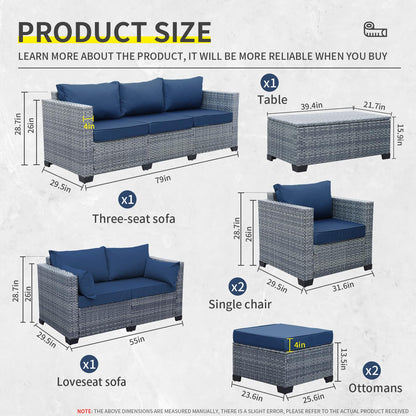 Lviden 7 Piece Wicker Patio Furniture Sets Outdoor Conversation Set, PE Rattan Sectional Sofa Couch with Storage Table and Non-Slip Navy Blue Cushions, Furniture Covers Included - WoodArtSupply