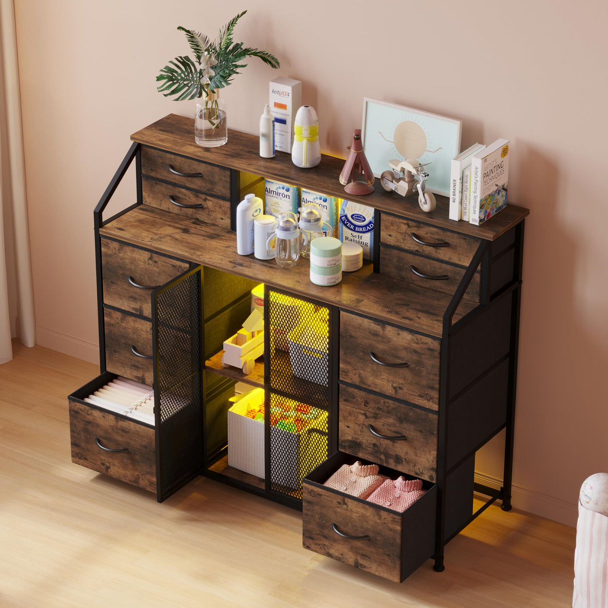 LUMTOK 10 Drawers Dresser, Drawer Dressers with Shelves, Door, Power Strip and LED Lights for Bedroom Living Room, Entryway, Closets (Rustic Brown) LUMTOK