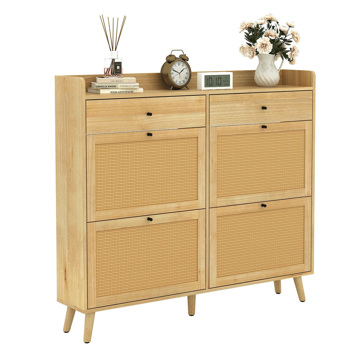 Rattan Shoe Storage Cabinet, Narrow Shoe Organizer with 4 Flip Drawers, 2 Drawers, Farmhouse Entryway Shoe Cabinet, Wooden Shoe Cabinet for Entrance, Hallway CuisinSmart