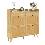 Rattan Shoe Storage Cabinet, Narrow Shoe Organizer with 4 Flip Drawers, 2 Drawers, Farmhouse Entryway Shoe Cabinet, Wooden Shoe Cabinet for Entrance, Hallway CuisinSmart
