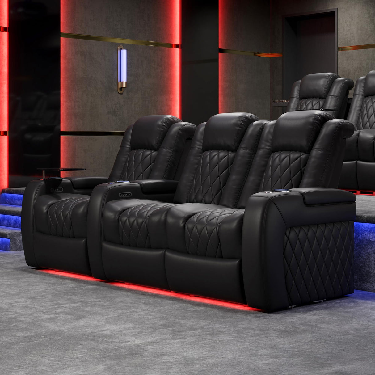 Valencia Tuscany Home Theater Seat - Nappa Leather Power Recliner with Cool Gel Memory Foam, USB-C/USB-A Charging, RGB LED Lights, Adjustable Lumbar & Headrest (Row of 3, Black) VALENCIA THEATER SEATING