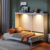 Horizontal Murphy Wall Bed Queen Size with Storage Top Shelf, Modern Adults White Queen Murphy Bed Cabinet with LED Lights for Living Room, No Box Spring Neded, White Merax