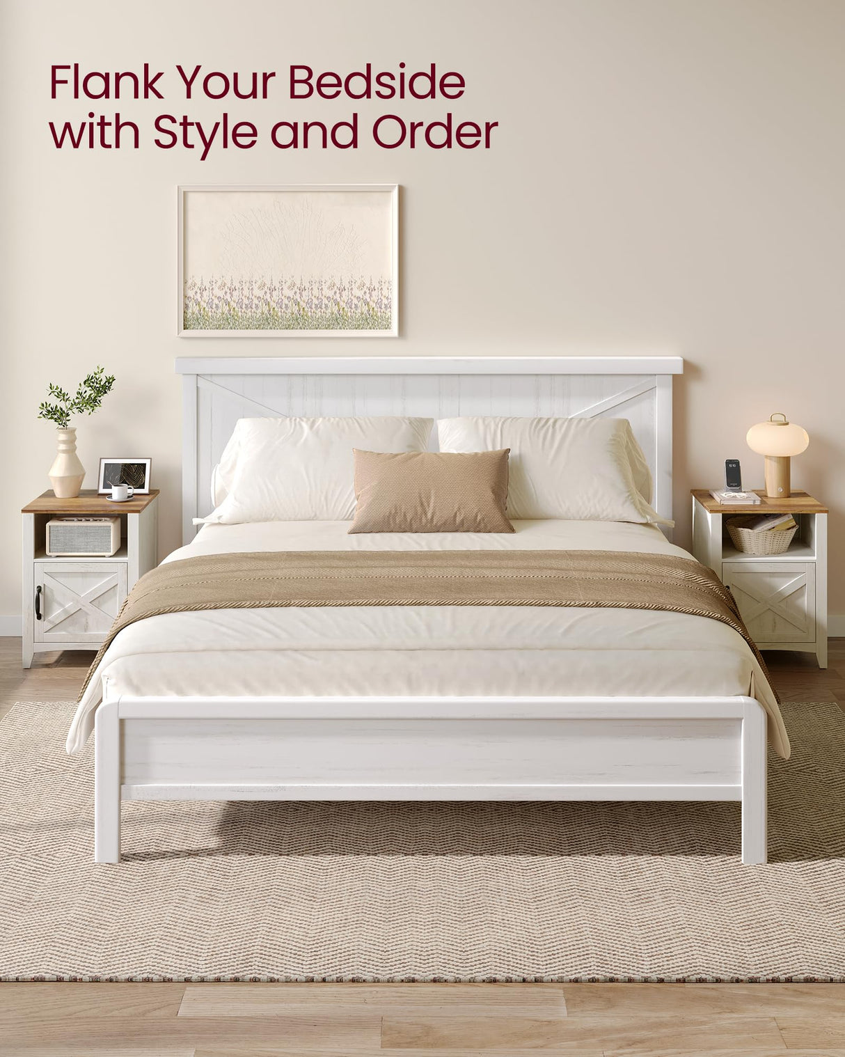 VASAGLE LIRY Collection - Farmhouse Nightstand with Barn Door, Bedside Table with Storage, Side End Table, Night Stand, Open Compartment, for Bedroom, Rustic White and Honey Brown ULET609K41 VASAGLE