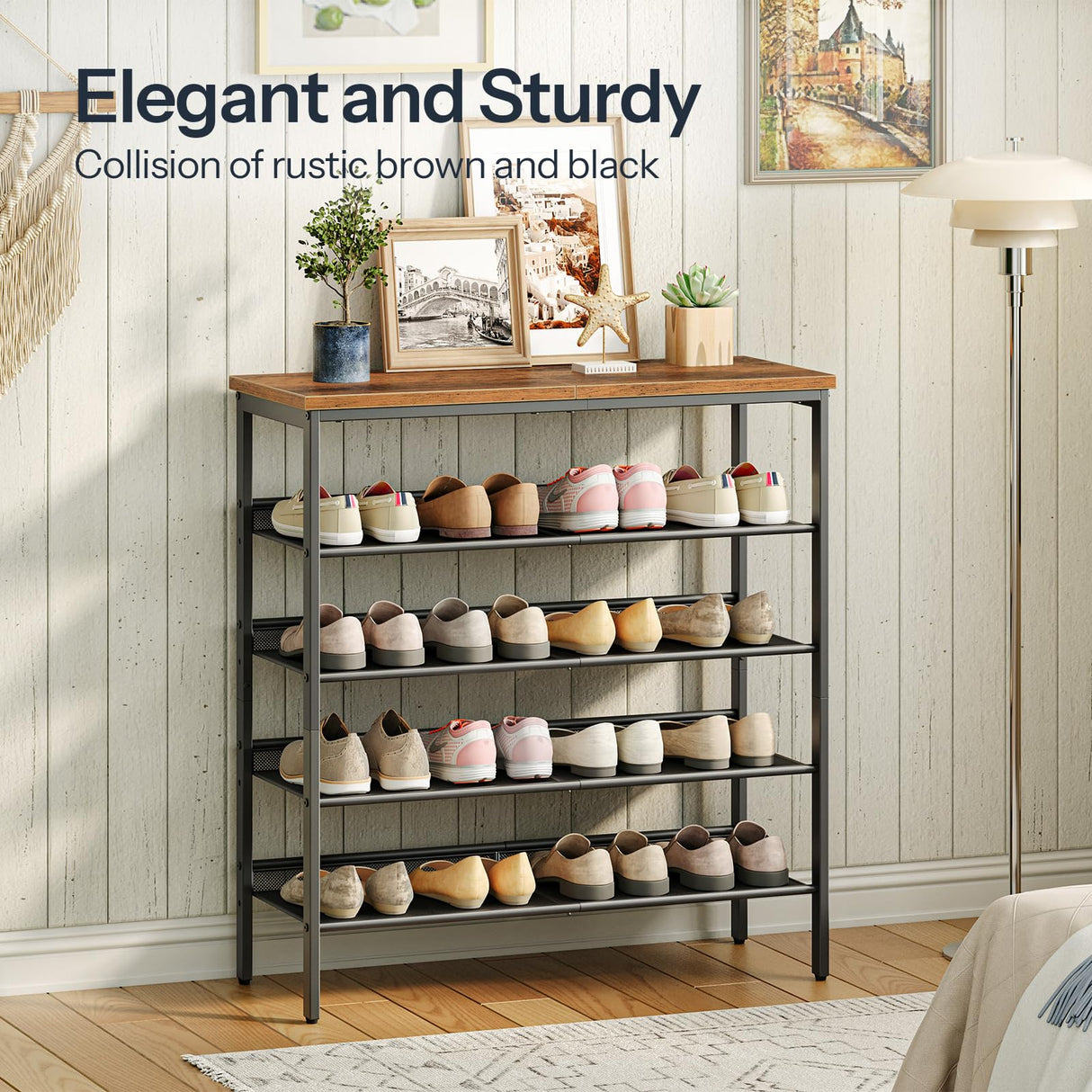 HOOBRO Shoe Rack for Entryway, 5-Tier Shoe Organizer with Adjustable Mesh Shelves, 16-20 Pairs of Shoes, Spacious Freestanding, Metal, Industrial, Shoe Shelf for Closet, Rustic Brown BF12XJ01 HOOBRO