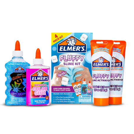 Elmer’s Fluffy Slime Kit, Includes Translucent Color Glue, Glitter Glue, Fluffy Slime Activator, 4 Count - Perfect for Parties, Gift, Activity Time Elmer's