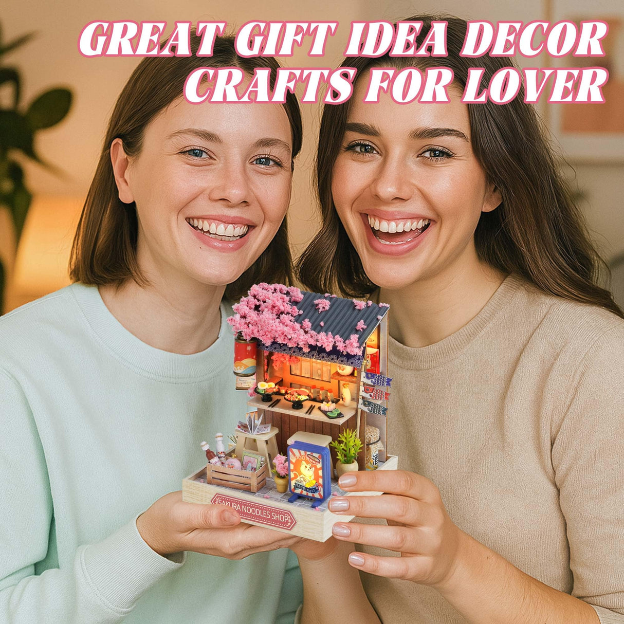 Kisoy Dollhouse Miniature with Furniture Kit, DIY 3D Wooden DIY House Kit with Dust Cover, Handmade Tiny House Toys for Teens Adults Gift (Sakura Noodles Shop) Kisoy