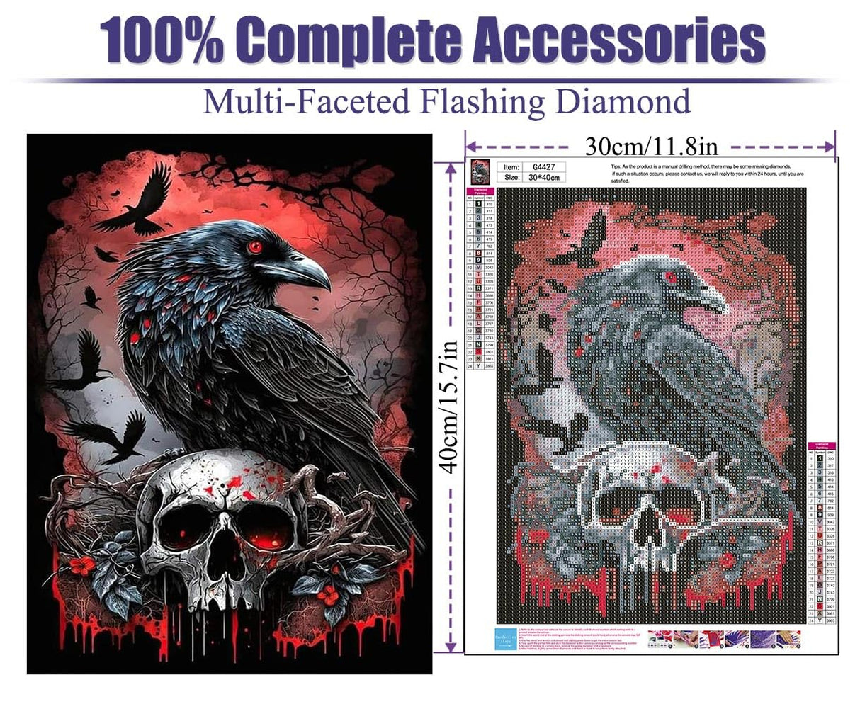 Mrnsiet Halloween Diamond Painting Kits for Adults, 5D Crow Diamond Painting for Beginner, DIY Full Drill Skull Diamond Art Kits for Home Wall Decor 12 x 16 Inch Mrnsiet