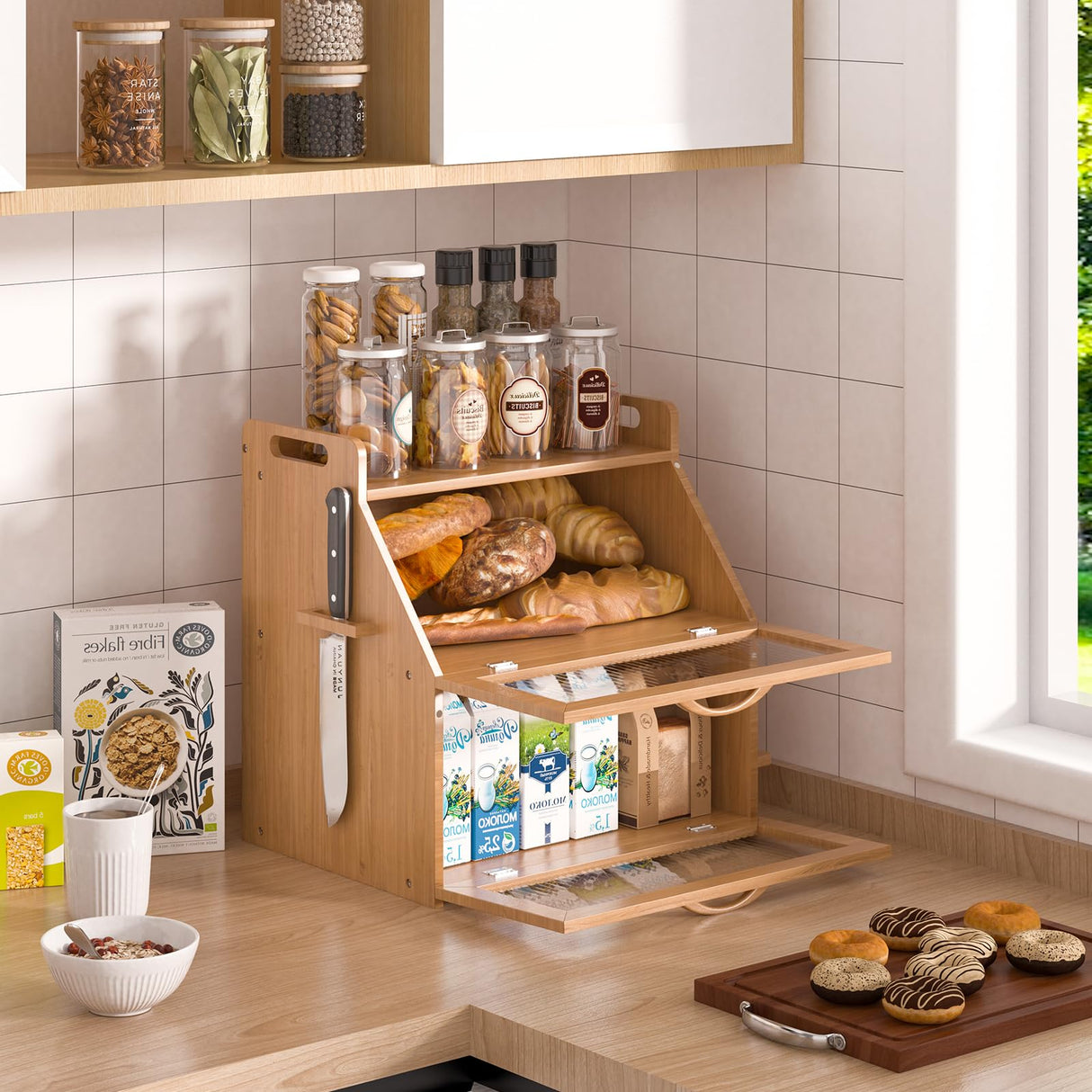 Bread Box, Bread Box for Kitchen Countertop, Large Bread Storage Container for Homemade Bread, Wooden Farmhouse Breadbox Organizers, Double Layer Bread Bin with Acrylic Window Bread Holder,Brown TQQDCI