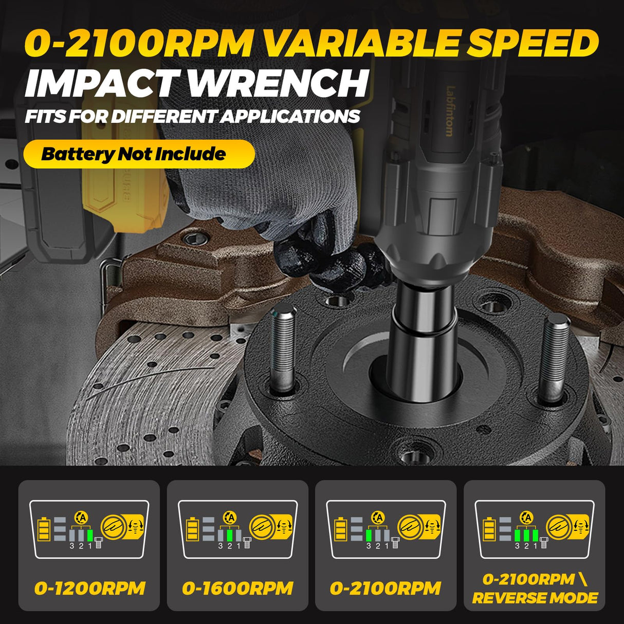 Labfintom Cordless Impact Wrench for De-Walt 20V Battery, 1/2" High Torque Impact Gun, 900Ft-lbs(1200N.m) Brushless Power Impact Driver with 4-Mode Speed, LED Work Light (Battery NOT included) Labfintom