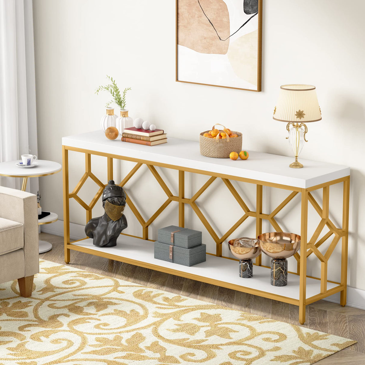Extra-Long White and Gold Sofa Table with Open Storage Shelf by Tribesigns Tribesigns