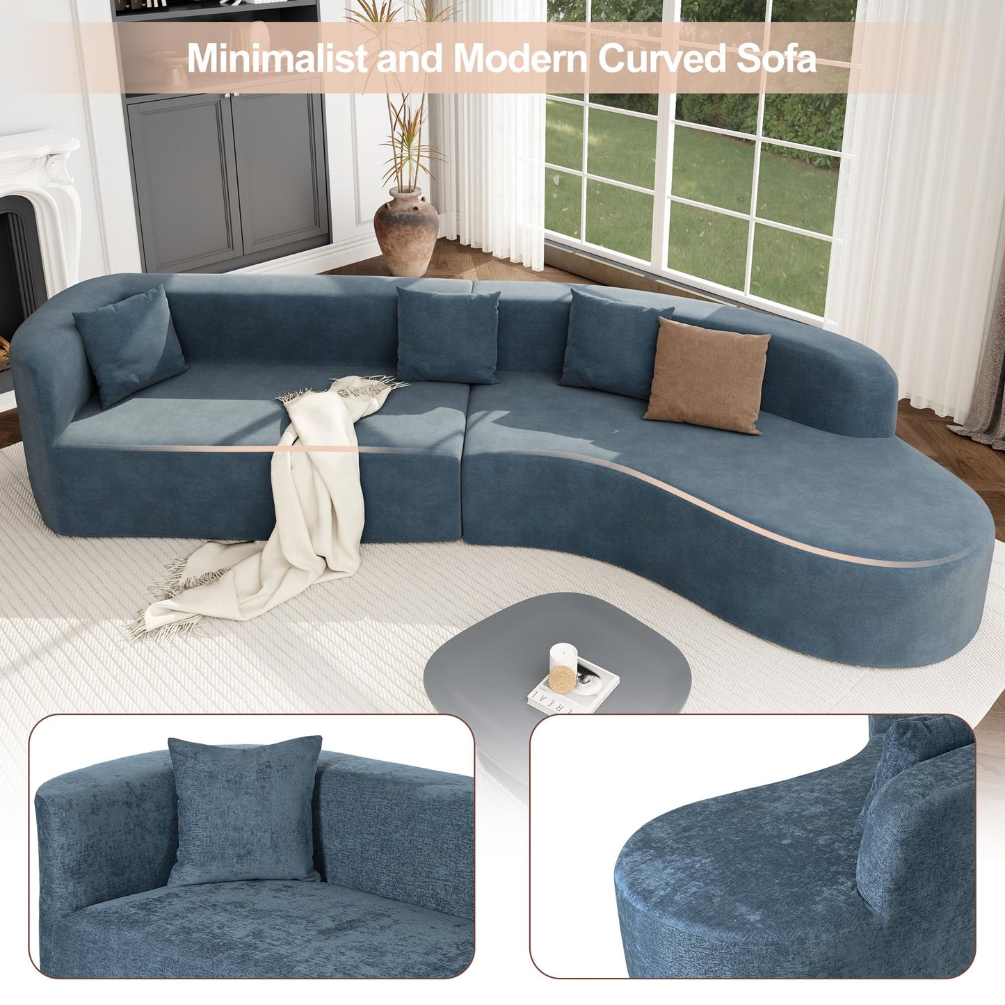 Suheww 125.8" Curved Sectional Sofa, Oversized Curved Sofa Couch Curved Modular Sofa with Chaise Lounge, Curved Cloud Sofa Couch Minimalist Boucle Modular Sofa with 3 Pillows for Living Room(Blue)