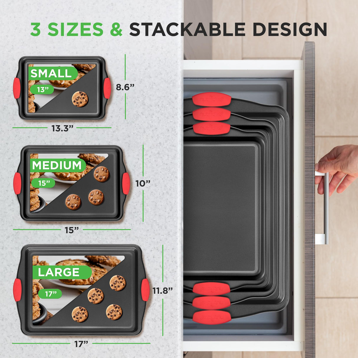 NutriChef 3-Piece Nonstick Kitchen Oven Baking Pans - Premium & Stylish Non-Stick Steel, Commercial Grade Restaurant Quality Metal Bakeware with Red Silicone Handles - Easy to Clean, NCSBS3S NutriChef